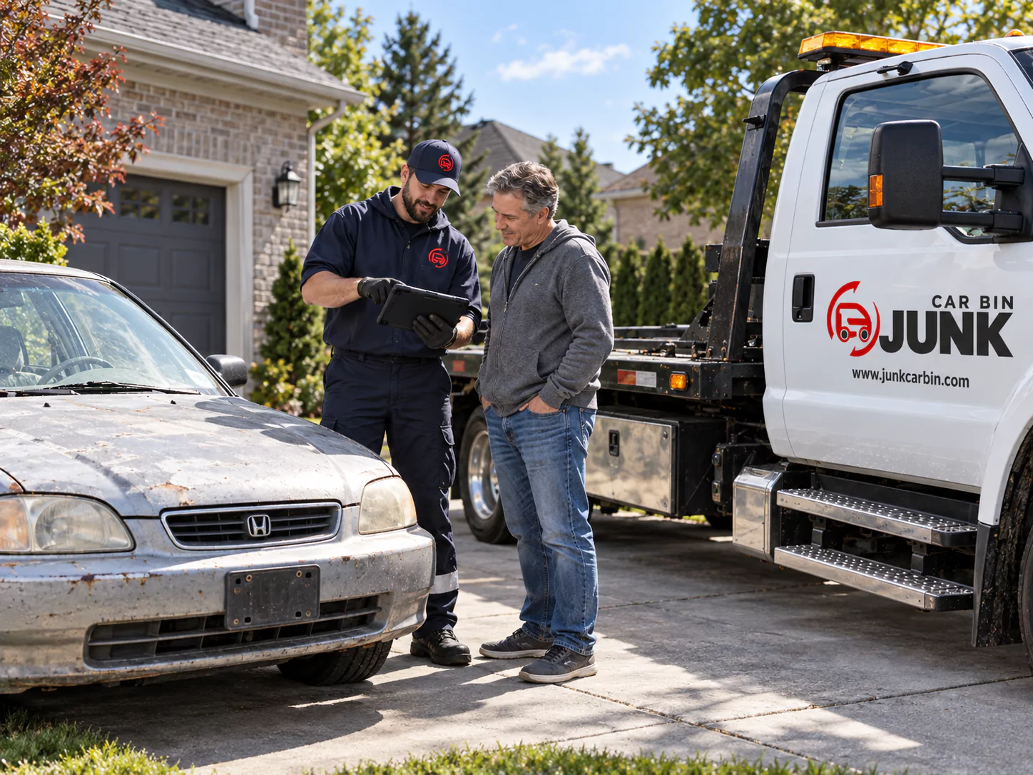 Tow operator reviewing vehicle details with an owner