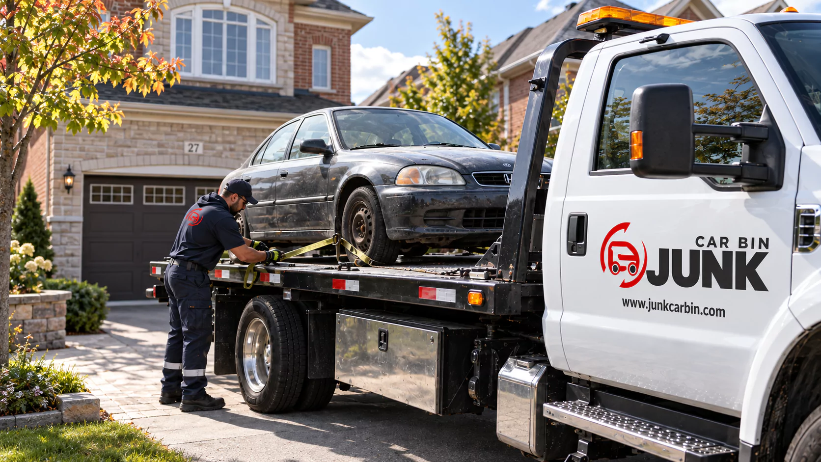 Tow operator securing a vehicle on a flatbed truck