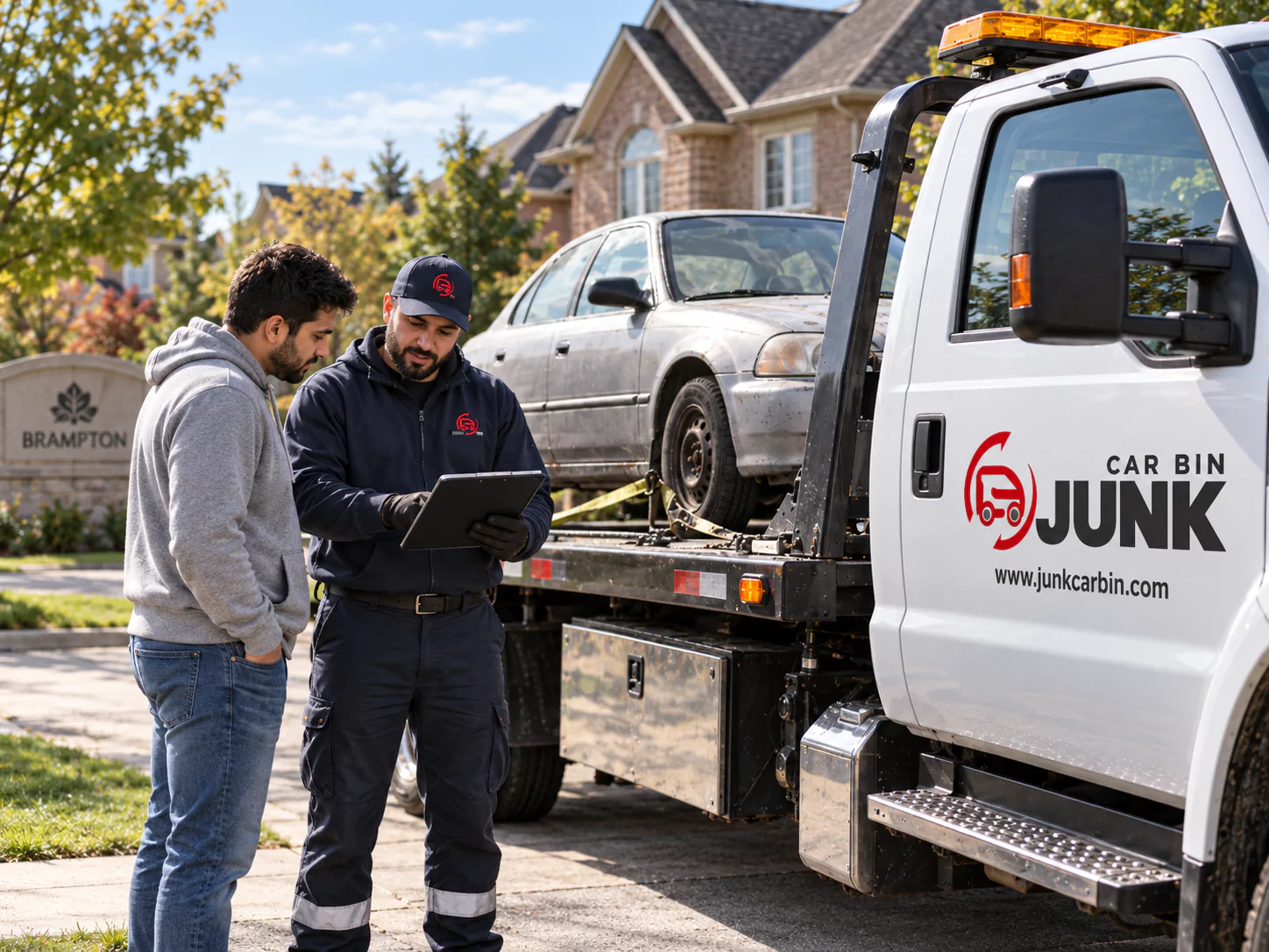Vehicle owner reviewing pickup details with a tow operator