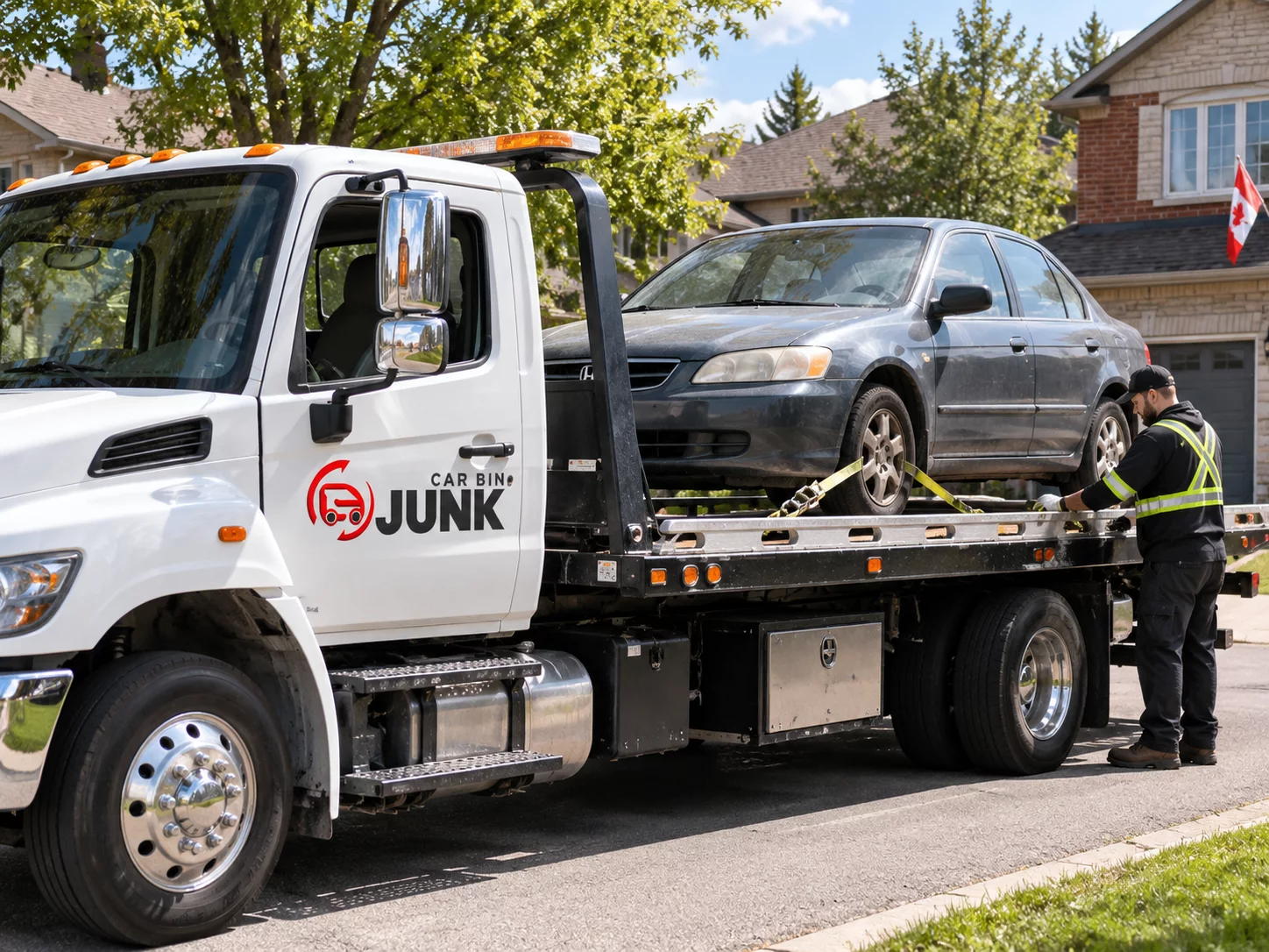 Illustration of an operator securing a car on a flatbed truck.