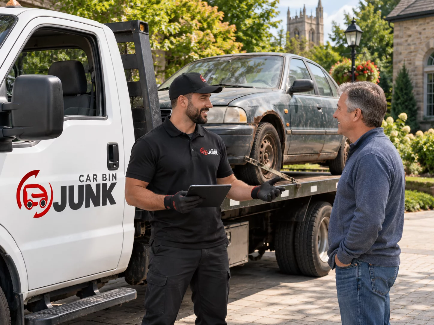 Illustration of an owner discussing an older vehicle beside a tow truck.