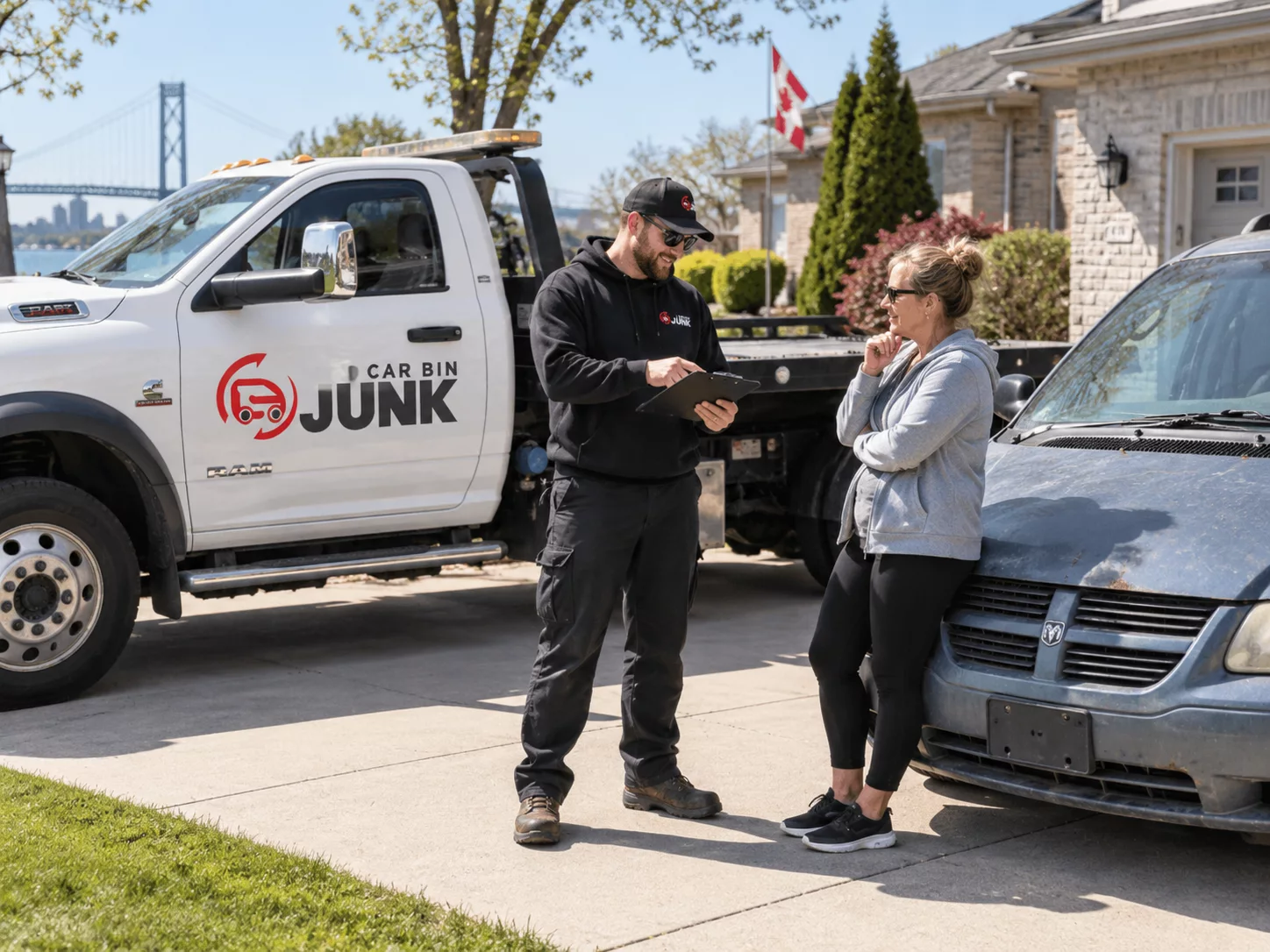 Illustration of a van owner discussing pickup details with a representative.