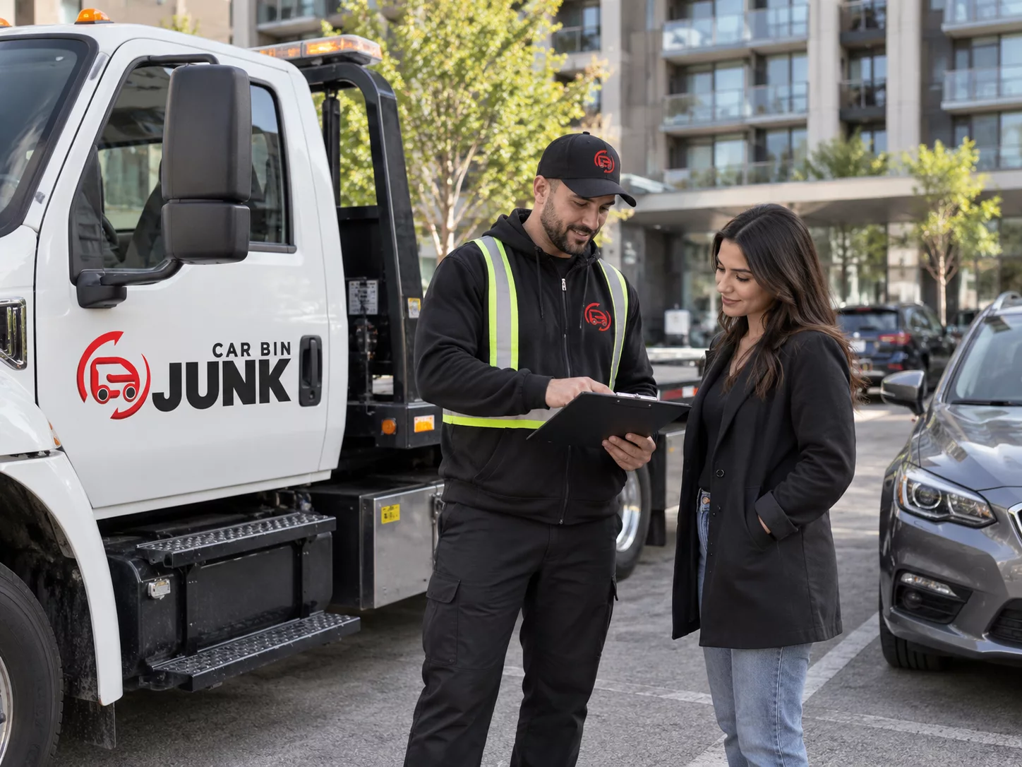 Illustration of a vehicle owner discussing pickup details beside a tow truck.