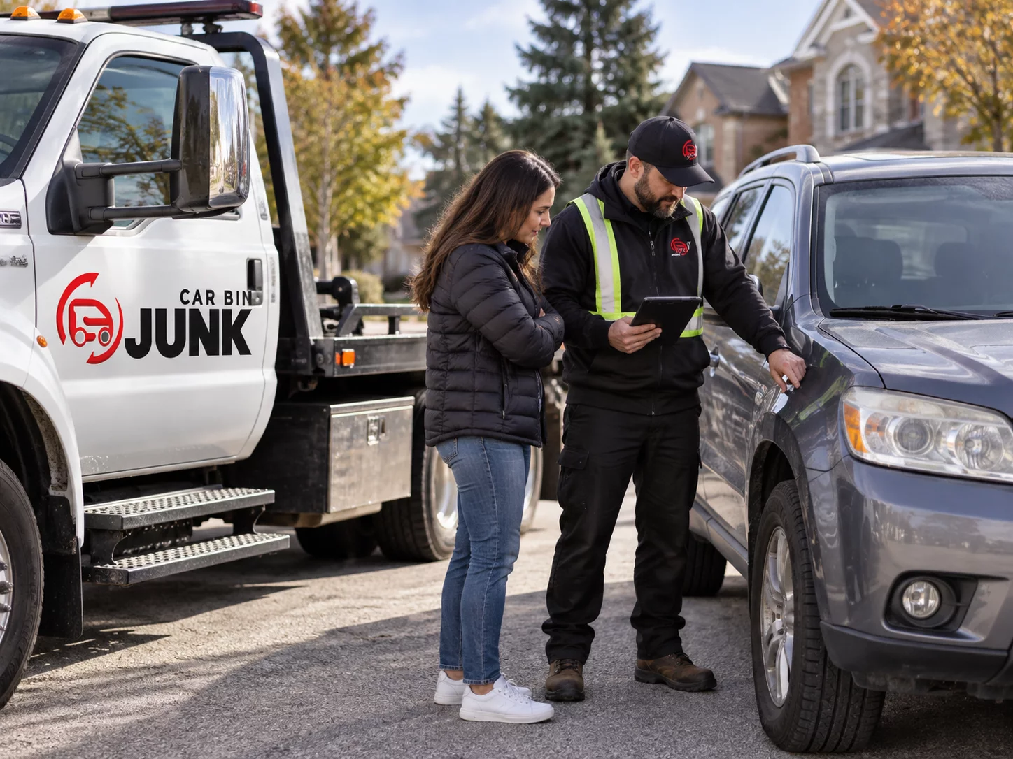 Illustration of an SUV condition assessment before vehicle collection.