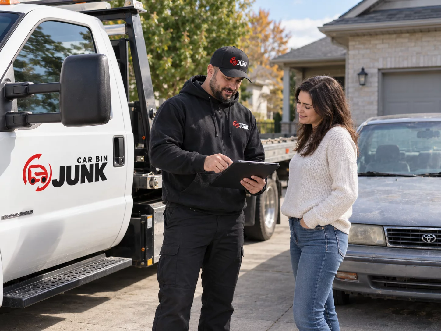 Illustration of a vehicle owner and representative reviewing pickup information.